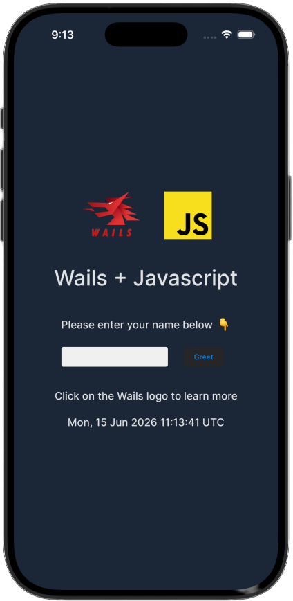 A default Wails app running on the iOS Simulator