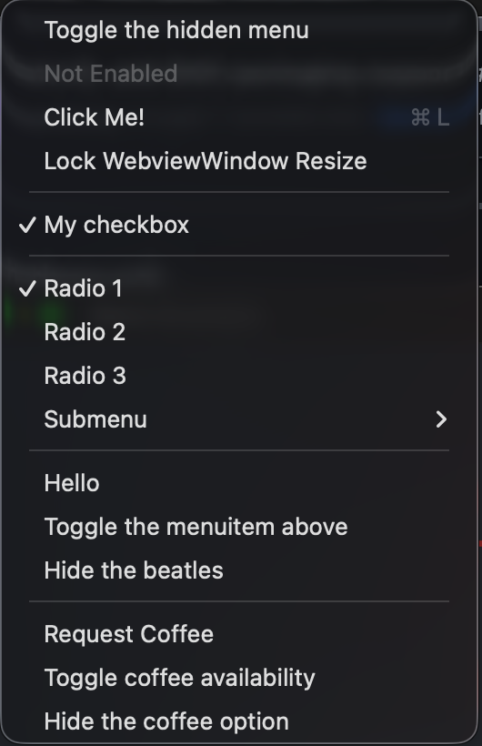 A Wails application menu on macOS with standard, checkbox, radio, and submenu items