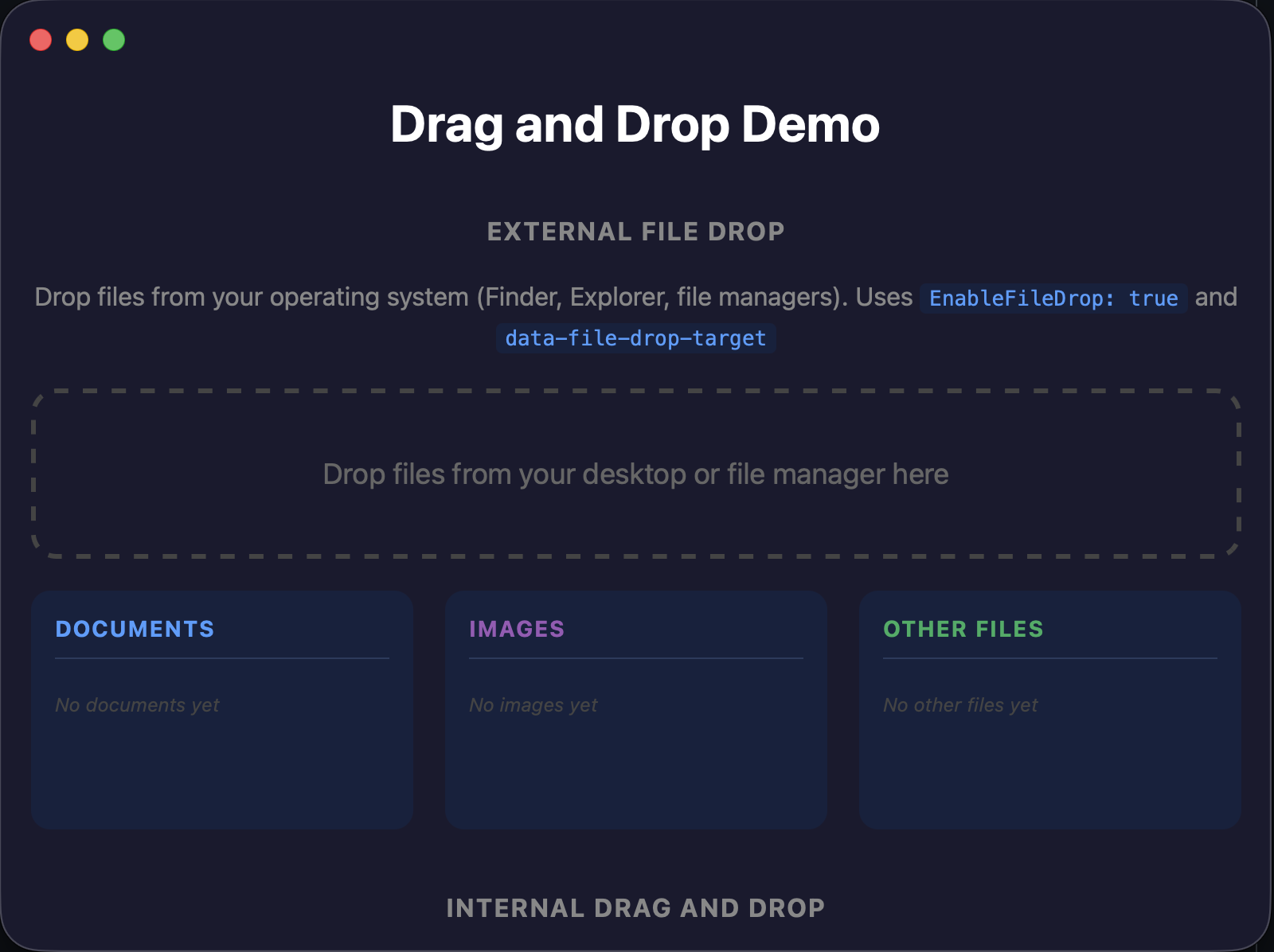 A Wails drag-and-drop example with an external file-drop zone on macOS