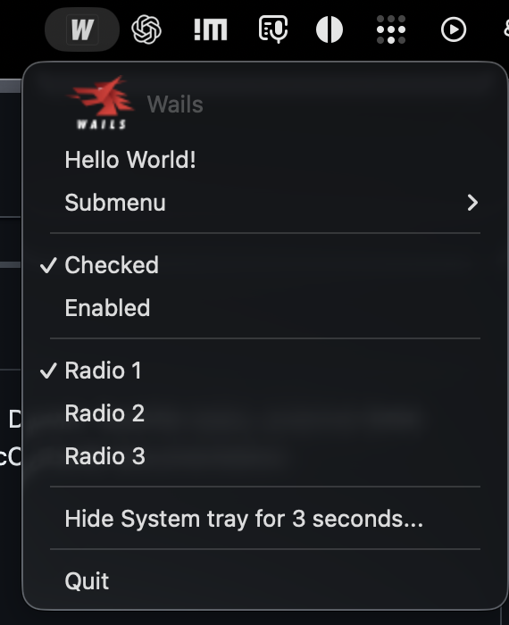 A Wails system tray menu, opened from the macOS menu bar
