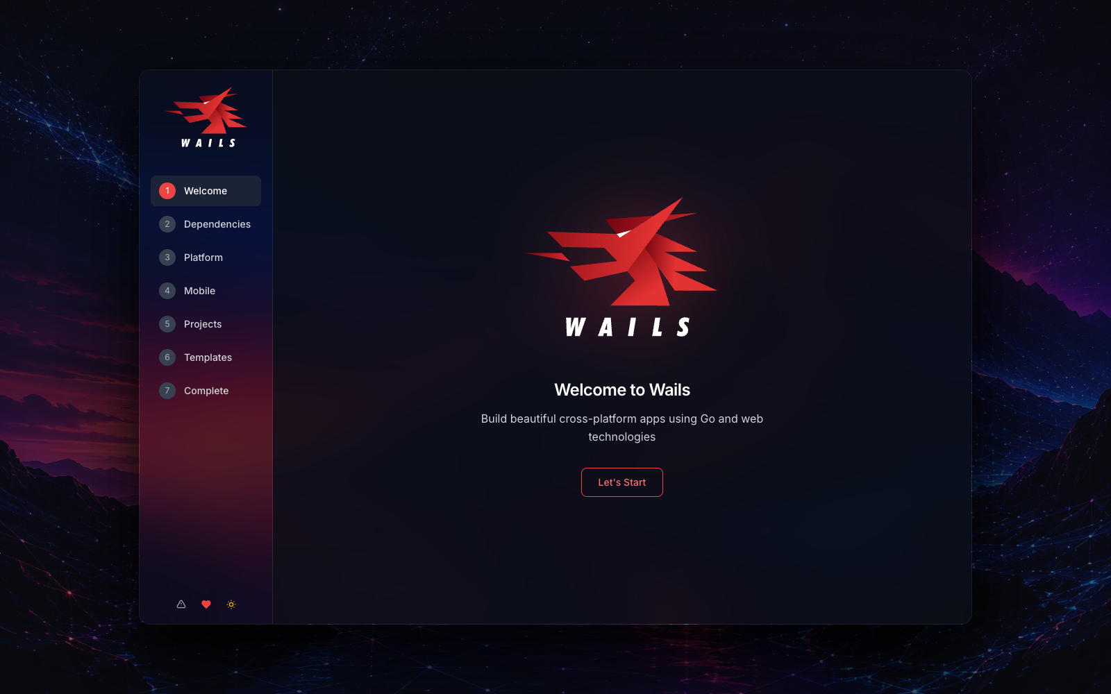 The Wails v3 setup wizard in dark mode