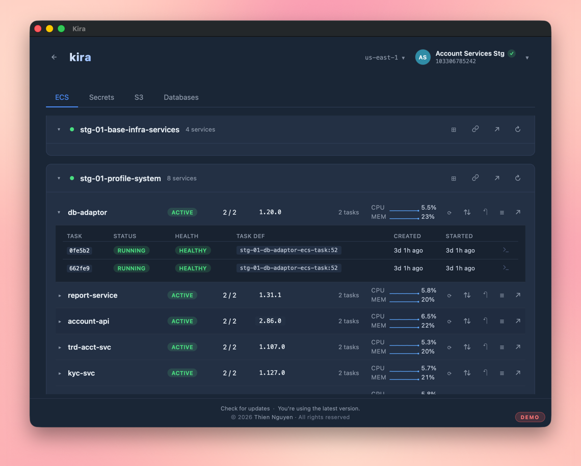 Kira browsing ECS services with live metrics