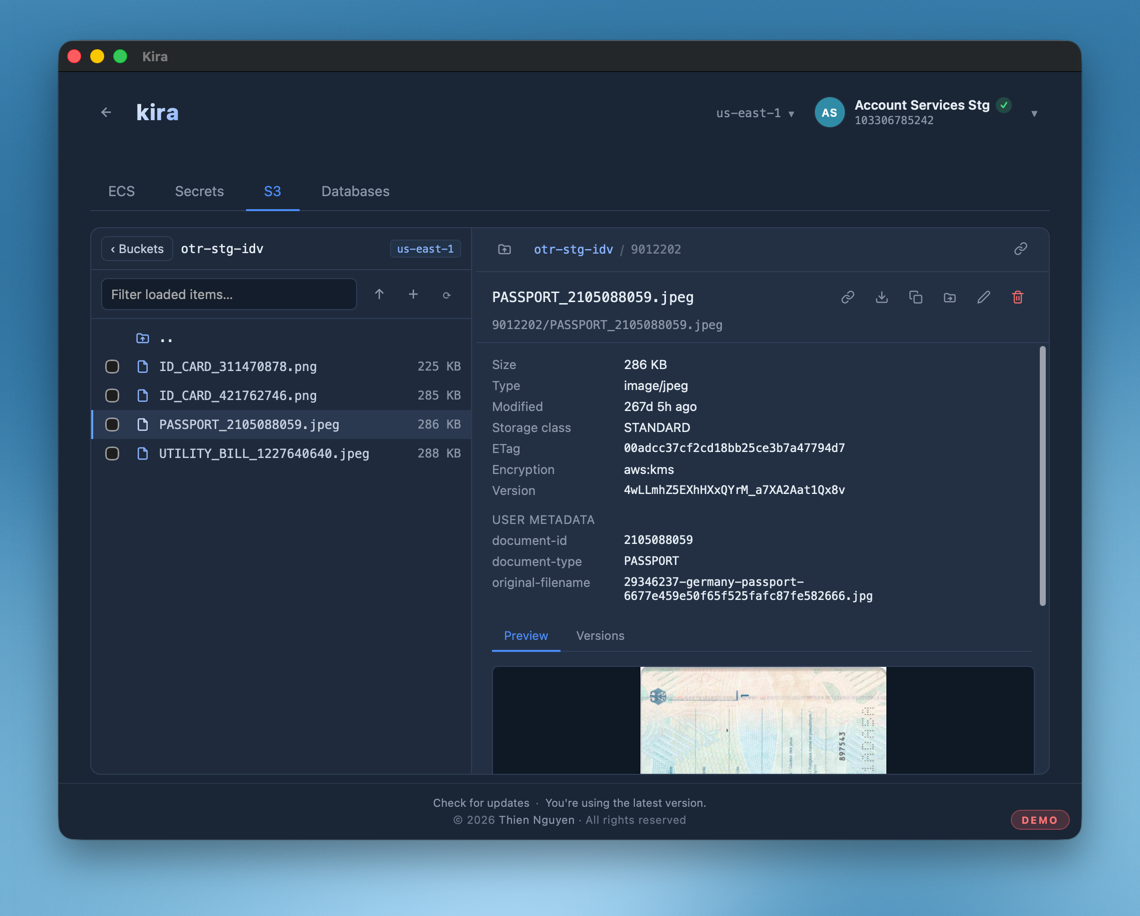 Kira&rsquo;s S3 object browser with object preview and metadata