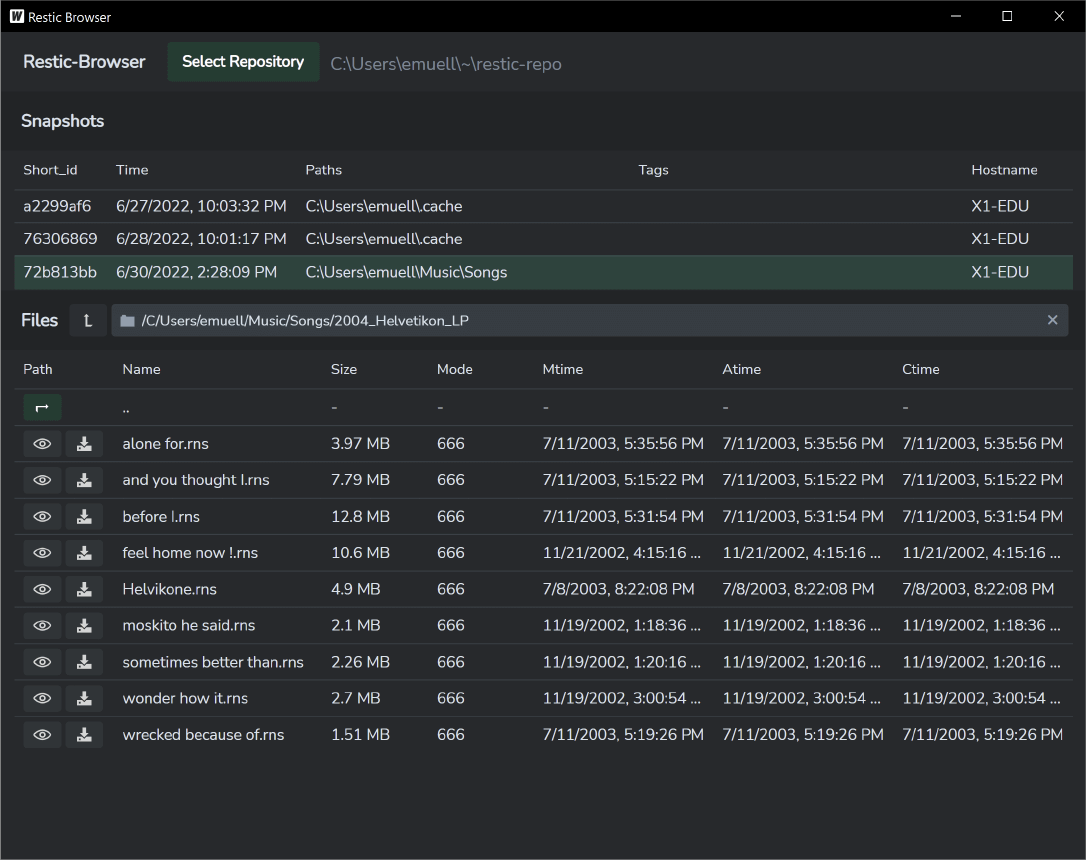 Restic Browser screenshot