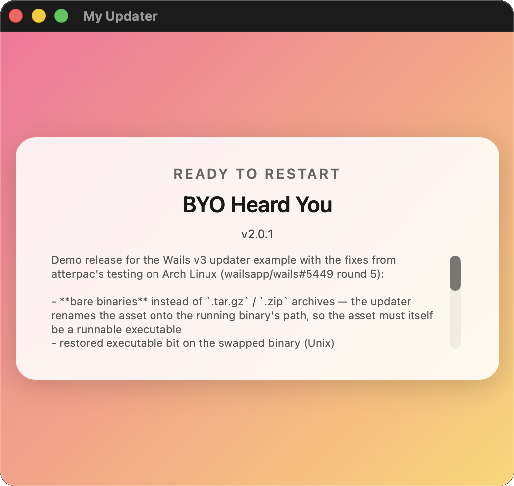 A bring-your-own updater window with a pink-orange gradient background and a custom rounded card layout, demonstrating that the default UI is fully replaceable.